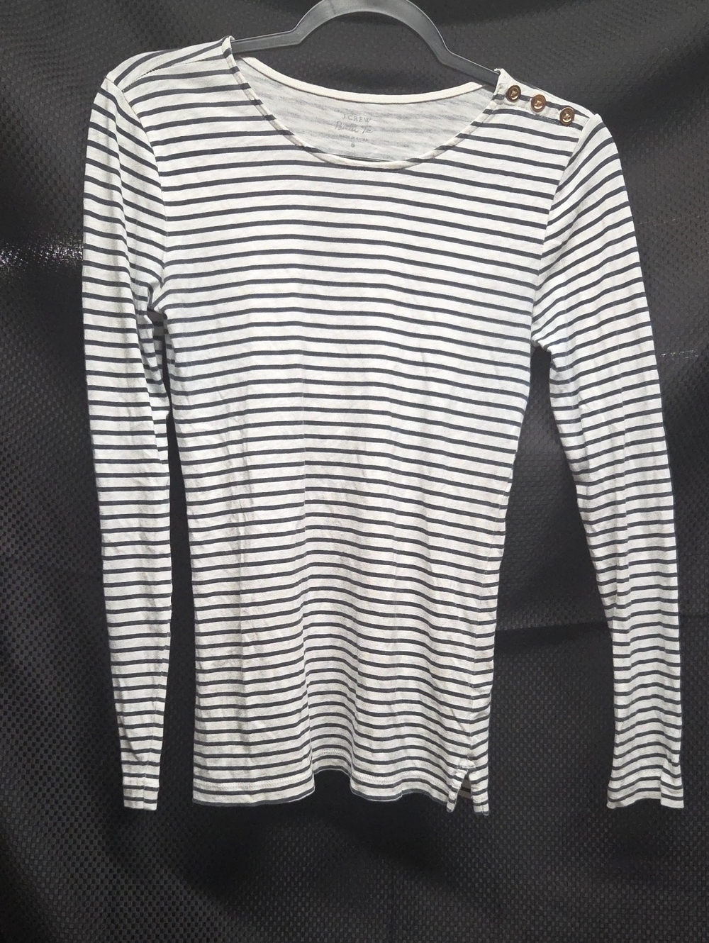 J. Crew Black & White Striped Long-Sleeve Painter Tee with Gold Shoulder Buttons